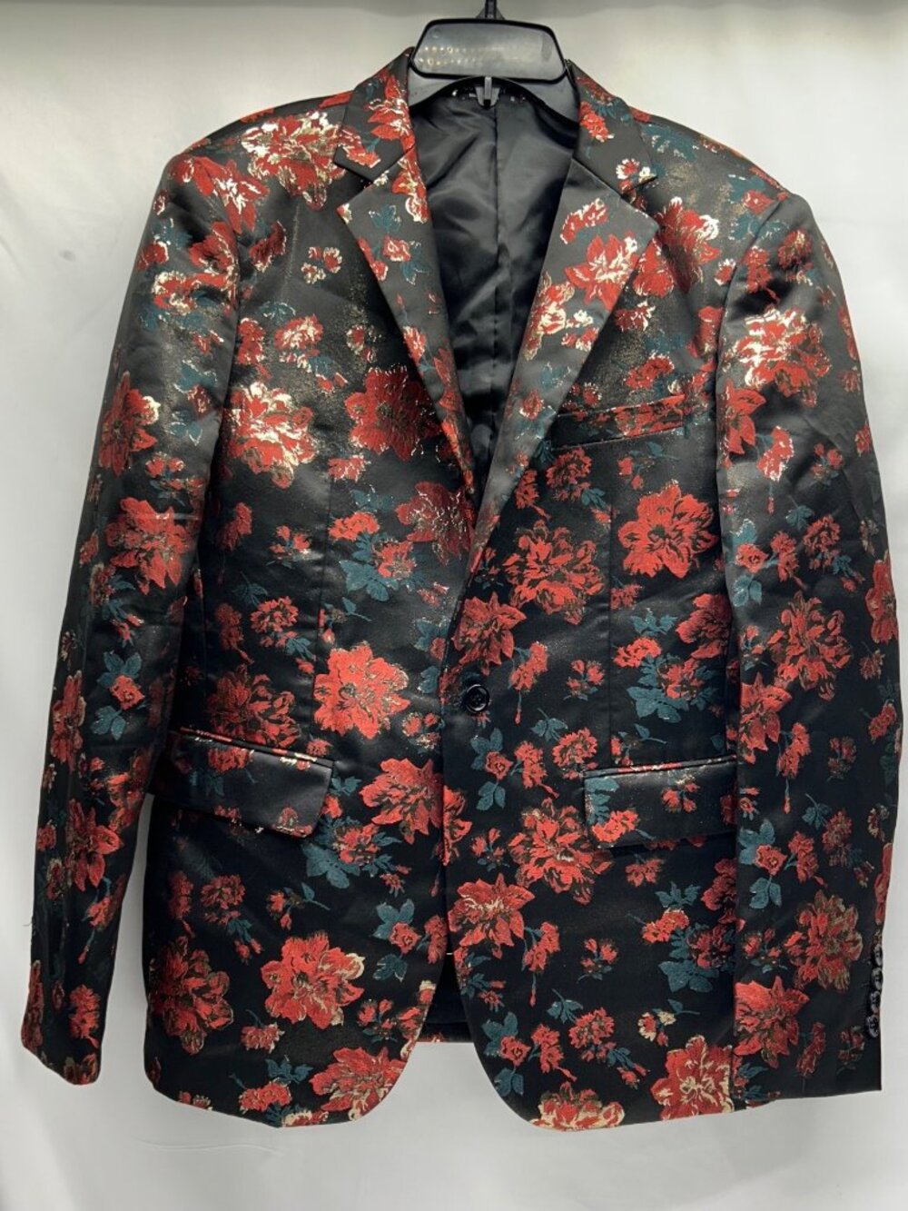 Coofandy Floral Print Blazer Jacket Black Red Gold Metallic Slim Fit S